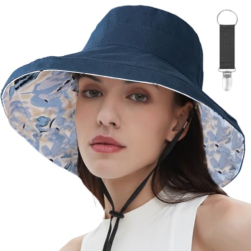 vidsel Womens Sun Hats Wide Brim Reversible Bucket Cotton Hat Packable Summer Travel Cap with Hat Clip,UV Protection - color: Navy Blue, size: Medium
