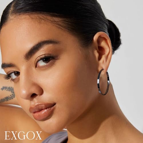 EXGOX Silver Hoop Earrings for Women - Sterling Silver & 14K Gold Plated - Hypoallergenic 925 Silver - Big Hoop Earrings (30/40/50/60/70mm) - color: 4MM Wide-Black 50mm