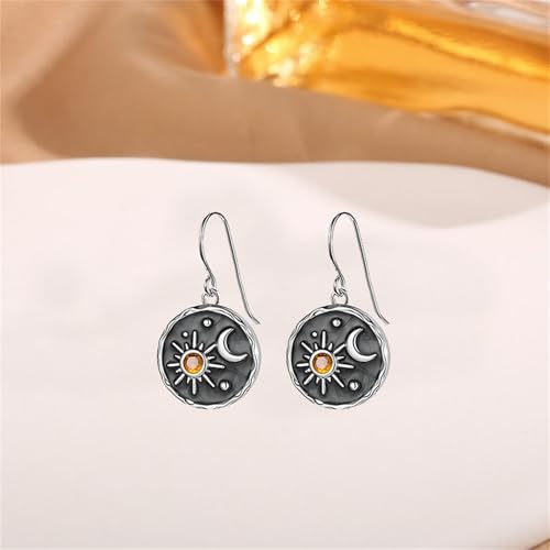 Dreuyet Vintage Sun Moon Earrings and Necklace Set for Women Boho Antiqued Crytal Sun Moon Dangle Drop Earrings Necklace Unique Handmade Retro Round Coin Celestial Jewelry Gifts - color: Silver Black