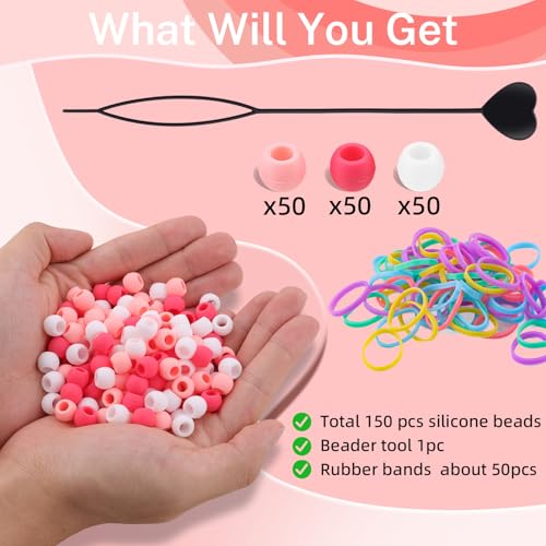 150Pcs 10mm Small Silicone Beads for Hair Braids, Soft Jellyish Pony Hair Beads with 5mm Hole + 50 Rubber Bands and 1 Beader for Braiding, DIY Bracelets Necklaces Crafts (Pink) - color: Pink Mix-150Pcs