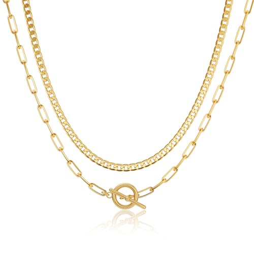CHESKY Layered Necklaces for Women, 14K Gold Plated Chain Necklace Women Trendy Cuban Link Paperclip Chain Toggle Clasp Necklace Fashion Chunky Jewelry for Women - style: Toggle/Paperclip-GD