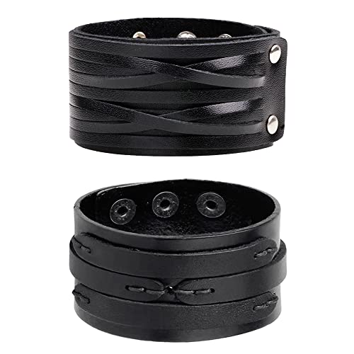 NIGHTCRUZ Punk Leather Cuff Bracelet, 2PCS Vintage Leather Wristband for Men Women - color: Black