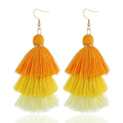 Bohemian Layered Earrings for Women Vintage Three-Layer Ombre Gradient Tassels Earrings Long Statement Tiered Fringe Drop Dangle Earring Elegant Beach Wedding Dangle Earring for Summer Seaside Festivals - color: Yellow
