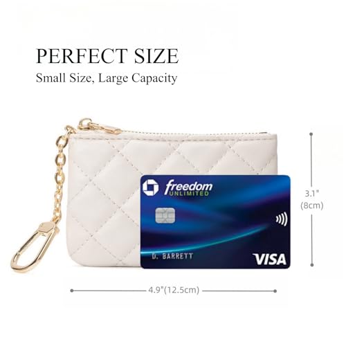 Quilted Leather Coin Purse with Keychain - Small Coin Pouch Key Pouch Small Card Holder Keychain Wallet Change Purse for Women and Men (Creamy-white) - color: Creamy-white