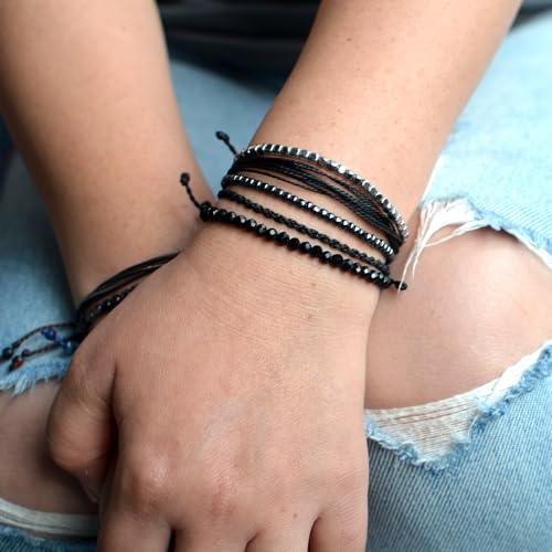 Mezcla Vida Handmade Waterproof Rope Bracelets Pack String & Beaded Bracelet Stack - Set of 5 Stackable Bracelets For Women, Summer Accessories & Bohemian Bracelets for Teen Girls - color: Black