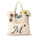 Shinylin Personalized Crochet Tote Bag for Beach Women Beige Mesh Knit Shoulder Bag Boho Aesthetic Tote for Women - style: Letter M
