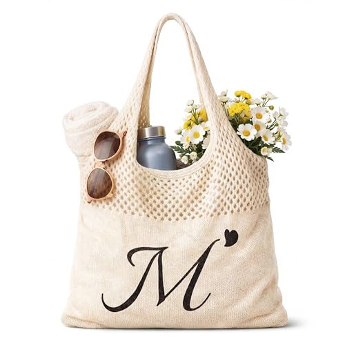 Shinylin Personalized Crochet Tote Bag for Beach Women Beige Mesh Knit Shoulder Bag Boho Aesthetic Tote for Women - style: Letter M