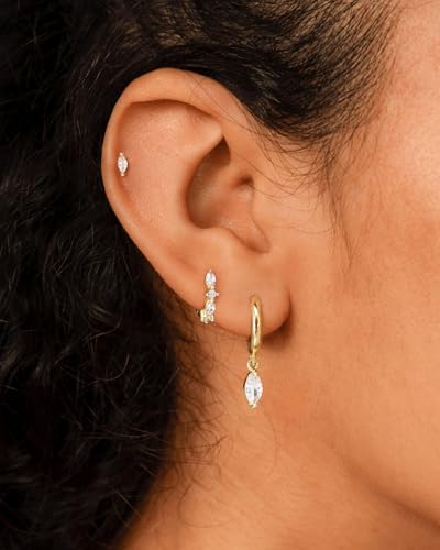 3 Pairs Small Earring Stacks, 14K Gold/Silver/Black/Rose Gold Plated Pearl Heart Butterfly Star Diamond Charm Drop Huggie Earrings Trendy Jewelry Gift for Women - color: Gold-Marquise