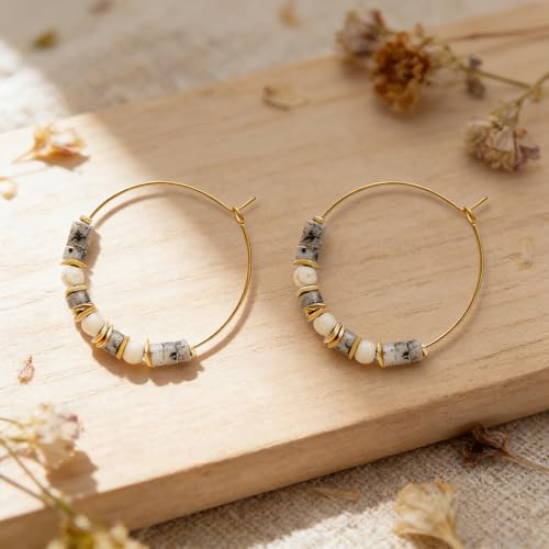 Natural Stone Beaded Hoop Earrings for Women, Boho Handmade Lightweight Hypoallergenic Trendy Summer Beach Accessories Fashion Jewelry Gift - color: Gray
