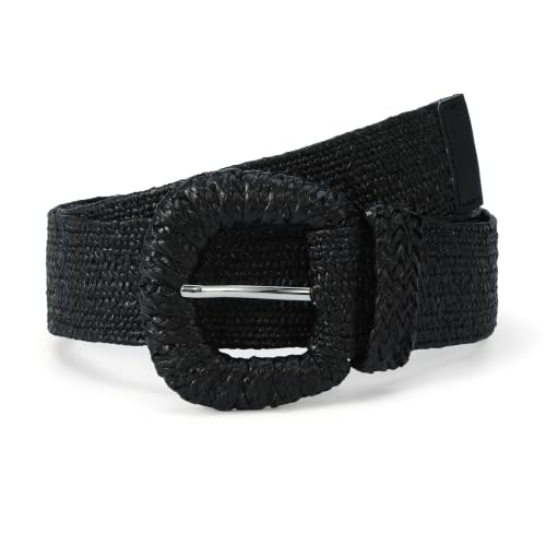 HOTWILL Women Straw Woven Belt Boho Elastic Stretch Braided Waist Belts for Summer Dresses - color: Black_d Ring Buckle