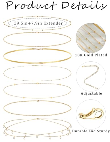 8Pcs Waist Chain 18K Gold Plated Belly Belt Chains Sexy Bikini Summer Beach Satellite Beaded Sequin Snake Layered Coin CZ Body Chain Jewelry Accessories for Women Gold Silver Tone Adjustable - color: Gold
