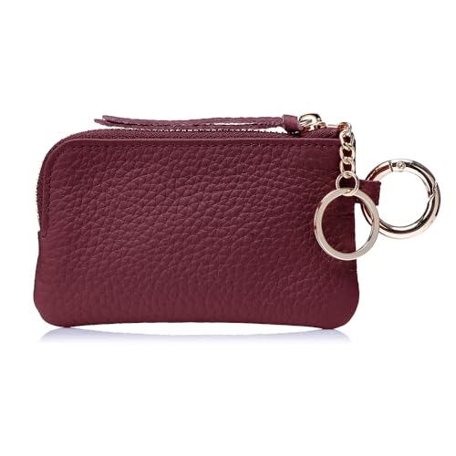 Mini Coin Wallet for Women – Genuine Leather Zipper Coin Purse with Wrist Strap & Keychain, Compact Change Holder & Travel Wallet with Gift Box (Wine Red) - color: Wine Red