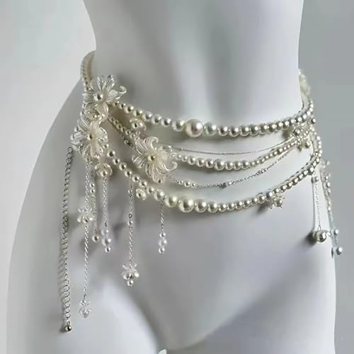Multilayer Imitation Pearl Waist Chain for Women Trendy Waistband White Pearl Body Chain Long Tassel Pendant Waist Chain Wedding Bridal Dress Belt Fashion Trend Metal Chain Body Chain Jewelry - color: White Flowers