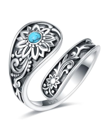 Turquoise Jewelry for Women - Sterling Silver Turquoise Rings Vintage Adjustable Sunflower Dragonfly Butterfly Spoon Ring Victorian Style Boho Antique Flower Thumb Statement Rings Jewelry Gifts for Women - color: Turquoise & Sunflower