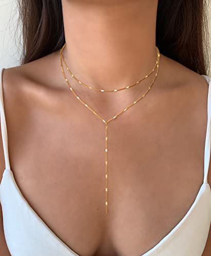 Foxgirl Lariat Gold Necklace for Women, Dainty Long Necklace 14k Gold Plated/Silver Y-Shaped Pendant Necklace Trendy Layered Cz Beaded Chain Drop Necklaces Simple Gold Jewelry For Women Gift - color: Y Layered Bar-GD