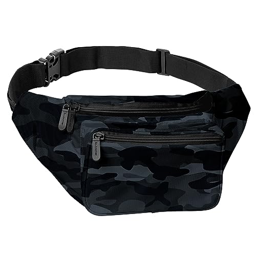 Black Camo Fanny Pack Belt bag - Crossbody Waist Bag for Men or Women - Hands-Free, Waterproof Large Bumbag for Hiking, Running, and Travel - color: Black Camo