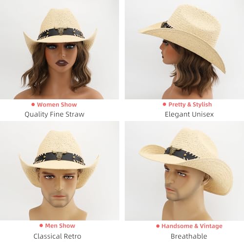 Straw Cowboy Hat, Western Cowgirl Hat, Wide Brim Sun Beach Hat for Men and Women - color: Beige-m21