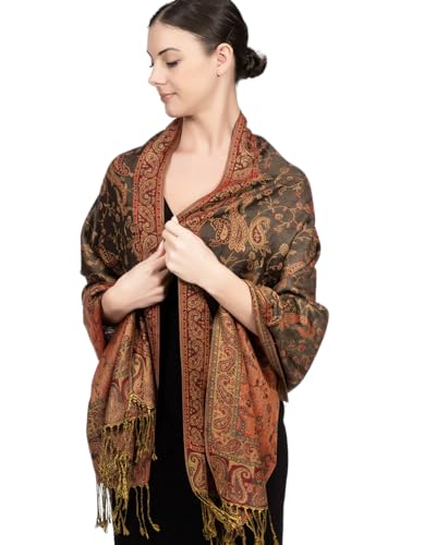 Achillea Reversible Paisley Pashmina Rave Scarf – Exotic Indian Shawls and Wraps for Evening Dresses, Festivals, All Seasons - color: Olive Burgundy