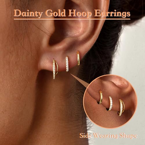 Poxtex Small Sterling Silver Huggie Hoop Earrings Set for Women, Hypoallergenic 14K Gold Plated Hoops Stacks for Multiple Piercings, Dainty Cute Mini Lightweight Cartilage Studs Trendy Jewelry Gift - color: Gold-double hoop