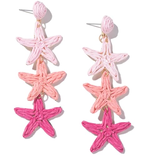 Boho Raffia Earrings Starfish Shell Seashell Dangle Drop Earrings Cute Statemnet Trendy Jewelry Summer Beach Outfits for Women - color: Pink, size: Seastar