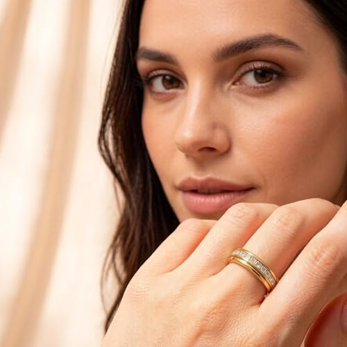 6mm Titanium Fidget Rings for Women Anxiety Relasing, Full Cubic Zirconia Ring Eternity Wedding Band Ring Love Statement Jewelry, Hypoallergenic Stainless Steel Gold Rings for Women No Tarnish - color: gold-fidget