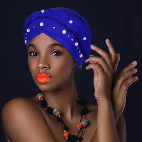 African Women Turban Caps Pre-Tied Twisted Turbans Head Scarf for Women Hair Wraps Cover Beanie Cancer Chemo Headwear - color: 1 Pack Twisted Braid A: Pearls Blue