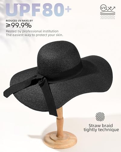 FURTALK Womens Sun Straw Hat Wide Brim UPF 80 Summer Hat Foldable Packable Floppy Beach Hats for Women - color: Pure Black, size: Medium-Large
