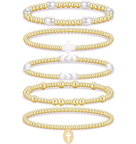 Gold Beaded Bracelets for Women, 14K Real Gold Plated Jewelry for Women Dainty Pearl Bead Bracelets Stack, Non Tarnish Trendy Stackable Ball Cross Stretch Bracelet Set Fashion Accessories Gifts - color: Gold small bead cross