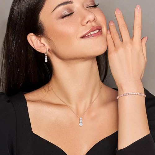 Crysdue Cubic Zirconia Jewelry Set for Women Bridesmaid, Classic Round Cut Drop Lightweight Lever Back Earrings Pendant Necklace Tennis Bracelet for Wedding Prom Party - style: 3pcs Rose Gold