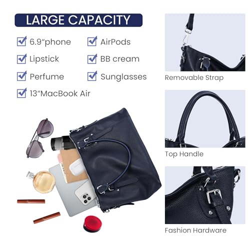 HESHE Genuine Leather Purses and Handbags for Women Tote Shoulder Bag Satchel Purse Top Handle Bags Hobo Crossbody Purse - color: Navy Blue, size: Large