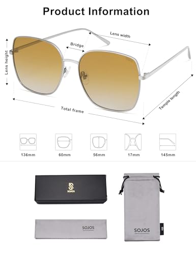 SOJOS Trendy Oversized Square Metal Frame Sunglasses for Women Men Retro Big Flat Lens UV Protection Sunglasses SJ1146 - color: Light Gun/Gradient Yellowish-brown