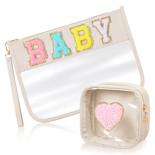 Hillban 2 Pcs Baby Bag Set Chenille Letter Bags Preppy Patch Makeup Pouch Baby Travel Pouch Waterproof Portable Toiletry Storage for Women Mom - style: Baby Theme