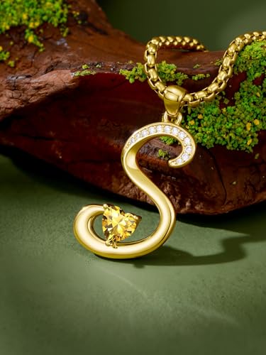 Birthday Gifts for Women 18k Gold Initial Necklaces for Women Simple Alphabets Letters with Birthstone Pendants Name Jewelry Anniversary Wedding Gifts for Sister Daughter Her (with Gift Box) - color: 11-Nov-Citrine, style: Letter S