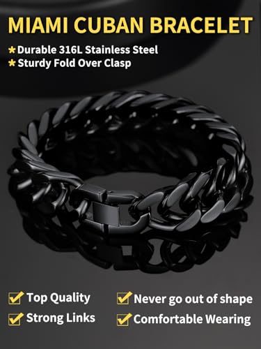 ChainsHouse Stainless Steel Cuban Link Bracelet, 8mm/12mm/17mm Width, 7.5"/8.3"/9", 18K Gold Plated Chain Wrist Bracelets for Men Women, Send Gift Box - color: F: Black-17mm width