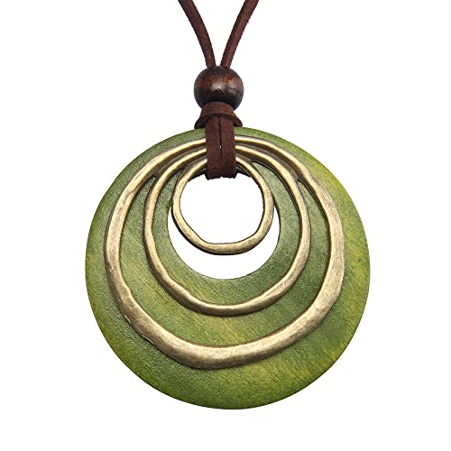 PU Leather Necklace Vintage Boho Style Multilayer Pendant Long Sweater Necklace Jewelry for Women Men with Adjustable Leather Cord - color: Green Wooden Pendant Necklaces