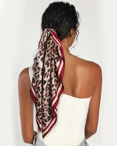 AWAYTR 35” Satin Head Scarf for Women Like Silk Scarf for Hair Scarf Satin Hair Bandana Women Headscarf Hair Wrap Scarf Neck - color: Leopard - Dark Red
