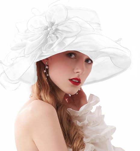 ORIDOOR Women’s Organza Church Tea Party Wedding Fascinator Derby Hat Wide Brim Sun Hats - color: C3-pure White