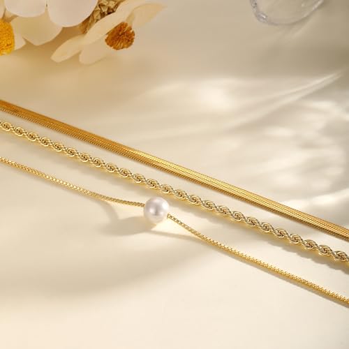 Layered Gold Necklace for Women Trendy 14K Gold Plated Heart CZ Pendant Layered Gold Necklaces Set Coin Choker Necklaces Simple Circle Cubic Zirconia Pearl Necklace Stack Herringbone Paperclip Chain Jewelry Set - style: 3PCS-Snake chain + Pearl-GD