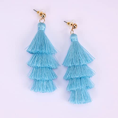 BaubleStar Tassel Earrings Handmade Tiered Thread Tassel Dangle Earrings, Multi Colors - color: Sky Blue