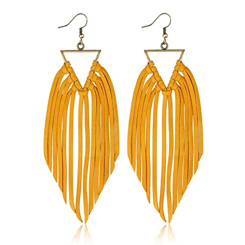 Fringe Leather Earrrings Triangle Deerskin Leather Boho Western Statement Dangel Earrings for Women - color: Yellow