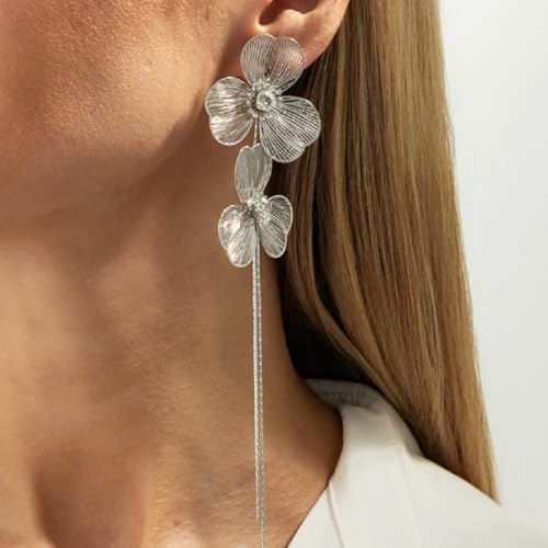 Boho Gold Flower Drop Dangle Earrings for Women Rhinestone Floral Leaf Chandelier Earring Layered Long Tassel Statement Floral Earring Prom Brides Wedding Party Fashion Jewelry Accessary - color: Silver