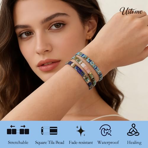 Tila Flat Square Stack Beaded Bracelets Set for Women Men, Boho 3Pcs Romantic Handmade Healing Gold Colorful Stretch Accessories Jewelry, Daily Vacation Party Holiday Friendship Gift - color: Blue Peach