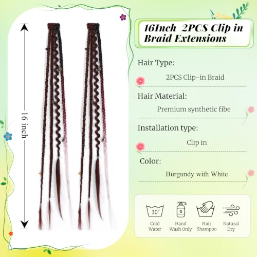 2PCS Boho Dreadlock Clip In Braids with Charms and Beads, Handmade Dreadlock Braids Hair Extensions Synthetic Braided Hairpieces for Women (Burgundy with White, 16 Inch) - color: Burgundy with White, size: 16 Inch