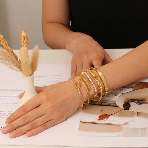 18 K Gold Plated Love Bangle Bracelet Stack Cuff Jewelry for Women Jewelry Set for Women Gift with Box - style: style4