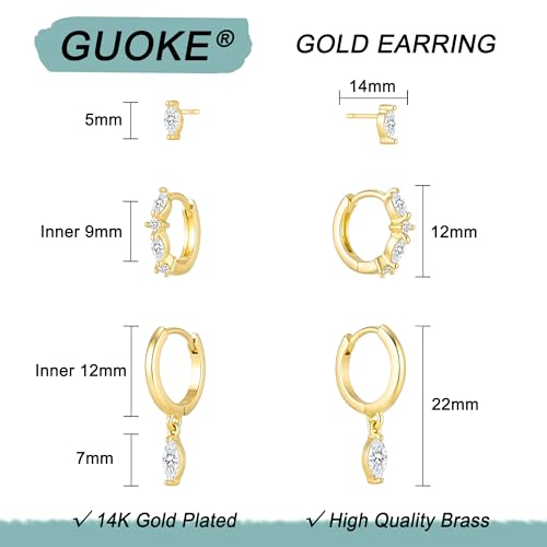 3 Pairs Small Earring Stacks, 14K Gold/Silver/Black/Rose Gold Plated Pearl Heart Butterfly Star Diamond Charm Drop Huggie Earrings Trendy Jewelry Gift for Women - color: Gold-Marquise