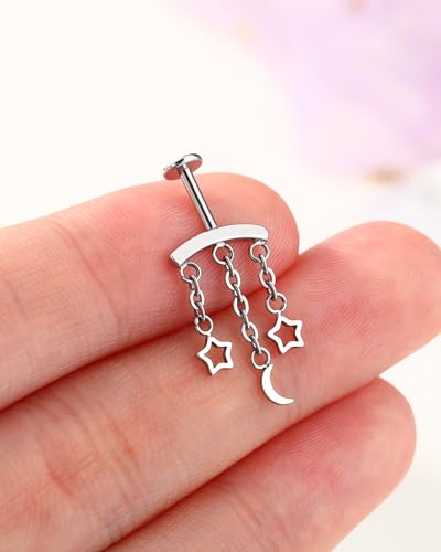 Crescent Moon Star Chain Vertical Hidden Helix Stud Earrings Dangle 316L Stainless Steel Flat Back Threadless Push-Pin Cartilage Rook Piercing Jewelry - color: steel