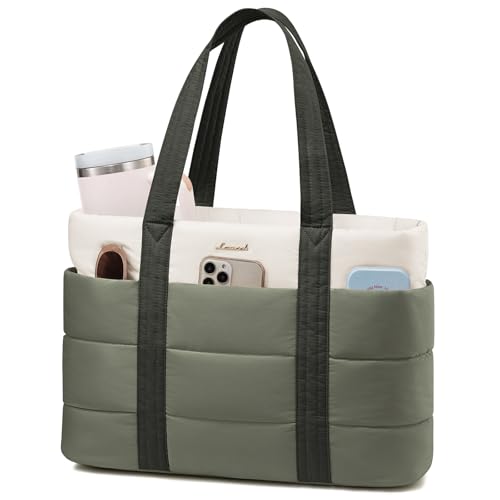 LOVEVOOK Tote Bag for Women, Large Puffer Work Tote Laptop Bag, Lightweight Travel Tote Bag with Zipper Gifts for Women - color: Grey Green-white-a, size: 15.6 Inch