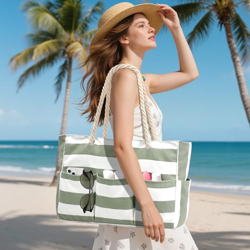 Becokan Beach Bags for Women Canvas Large Beach Tote Bag Zipper Waterproof Sandproof Foldable Swim Pool Bag with 7 Pockets - color: Light Green