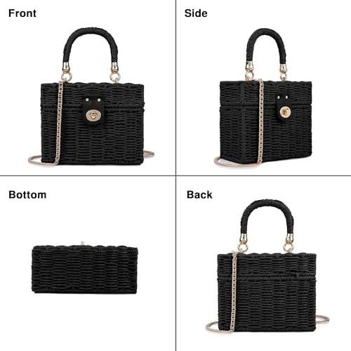 Handwoven Rattan Bag for Women Wicker Crossbody Shoulder Bag Straw Beach Tote Bag Top Handle Satchel Handbag with Chain Strap - color: Black