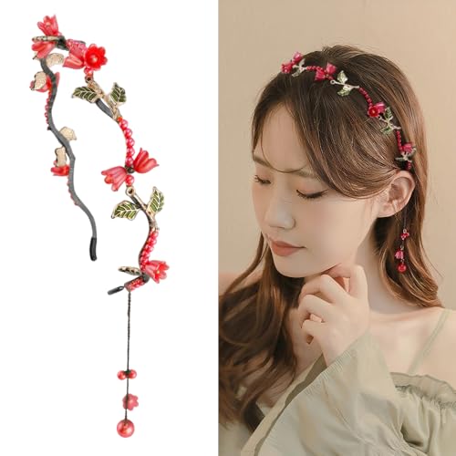 AHONEY Red Flower Headband for Women Girls Hair Vine Leaf Black Headband Wedding Fairy Accessories Headpiece - color: Red